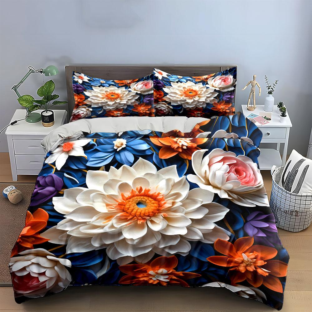 Vibrante Tema Floreale Colorato 3D, Varie Misure, Set Biancheria da Letto Raffinato 3 Pezzi per Camera da Letto di Bambini e Adulti, Regalo