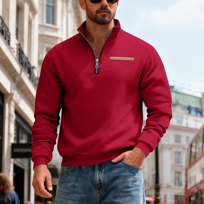Men's Casual And Trendy American- Fleece Heavy-duty Loose Hoodie, Men's Warm Stand-up Collar Semi-pull Connection Solid Color Sports Hoodie