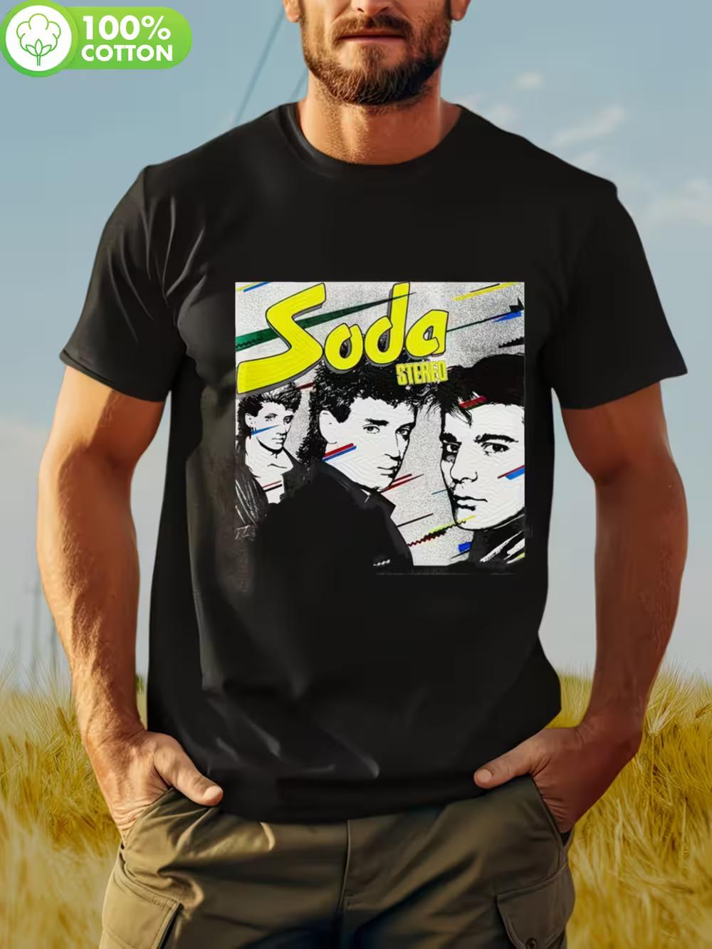 Vintage Graphic T-Shirt Featuring Soda Stereo from 1982 - Black Retro Band Tee Showcasing a Prominent Soda Stereo Logo And Images of The Band Members L