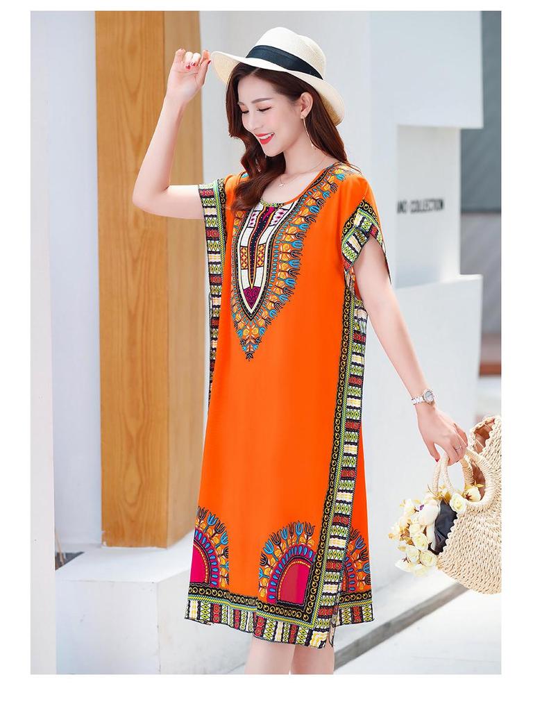 Summer Cotton Silk Loose Fit Mid-Length Bat Sleeve Dress for Women - Plus Size, Belly Covering, Slimming Beach Dress for Moms