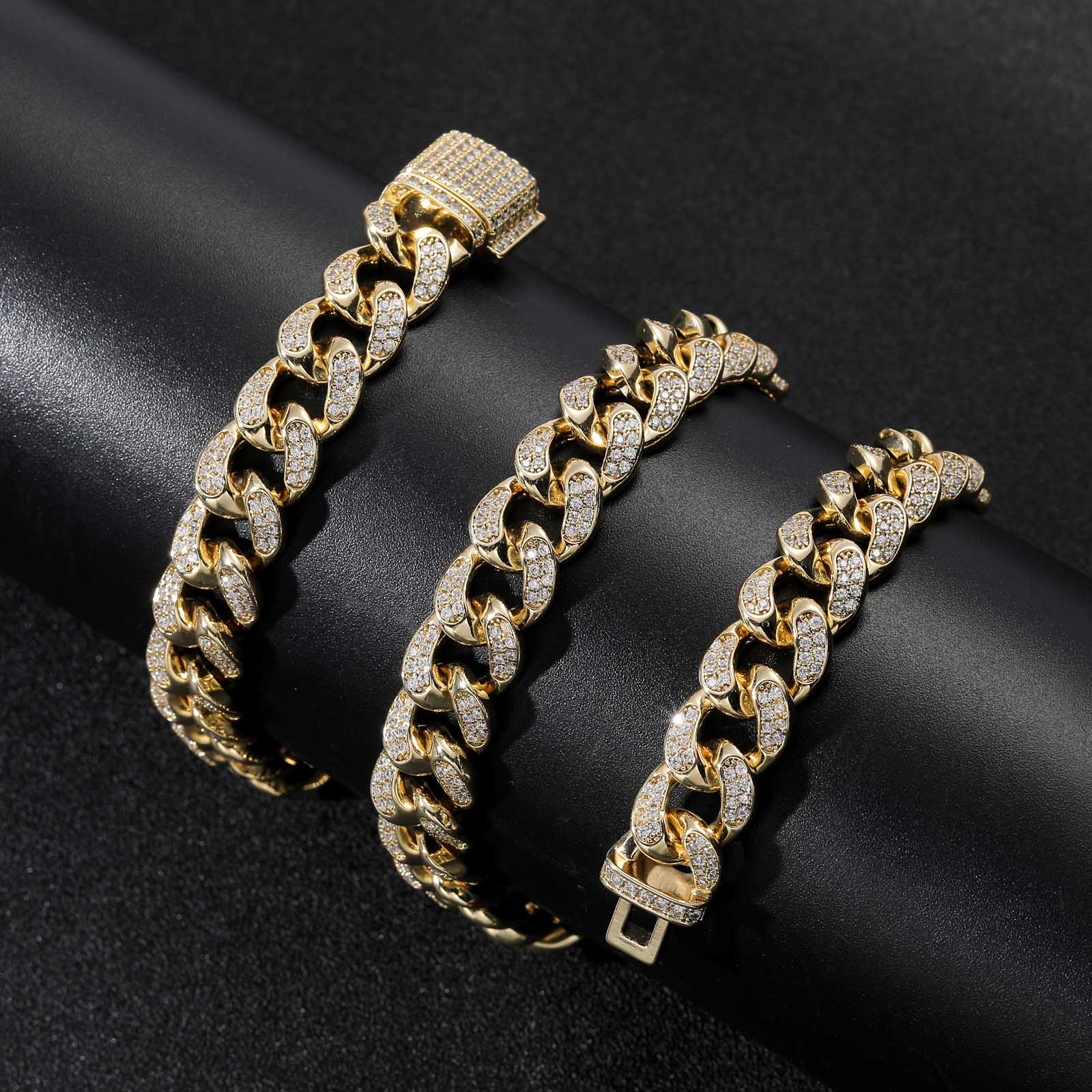 Punk Hip Hop Chunky 12MM Miami Cuban Link Chain Iced Out Cuban Hiphop Necklace Flip Buckle Mens Gold Cubanas Necklace Hiphop&7inch bracelet золотой
