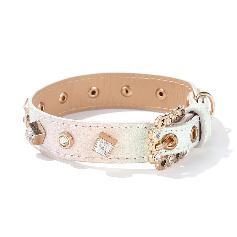 Shiny Gradient PU Leather Pet Collar with Crystal Rivets - Adjustable Bling Dog Cat Collar for Small Pets Yorkshire Accessories