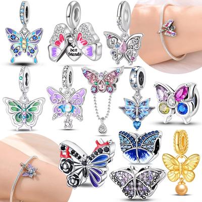 Original Copper Blue Butterfly Pendant Colorful Gemstones Animal Bead Charm Fit Bracelet Women Accessory Anniversary Gift