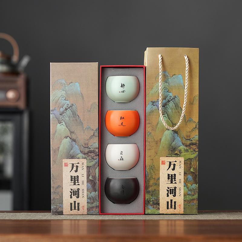 High-end master cup new Chinese light luxury gift box coarse pottery dragon egg cup Qingshan flying bird tea cup set opening commemoration