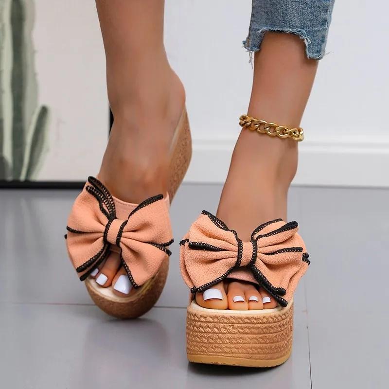Fashion 2025 Women Slippers Fashion Pee Toe Summer Footwear Luxury Butterfly-knot High Heels Slides Platform Wedges Ladies Shoes Round