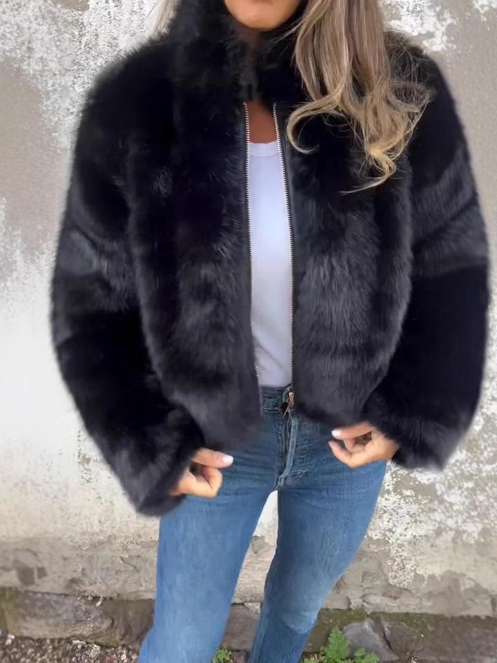 European & American Women's Fur High Neck Zipper Casual Top Coat - 2024 Autumn/Winter Collection