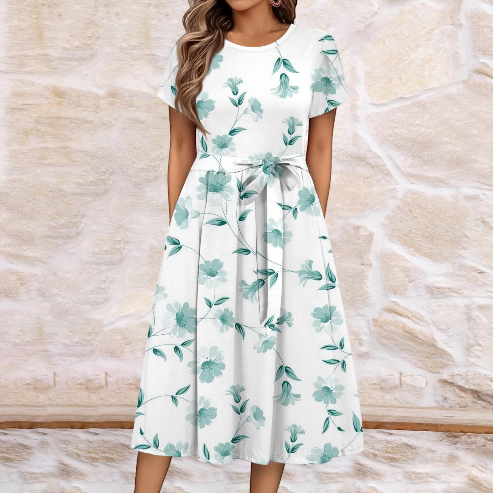 

Женское летнее повседневное платье миди с цветочным принтом и круглым вырезом, классическое повседневное свободное платье с коротким рукавом XL зелёный