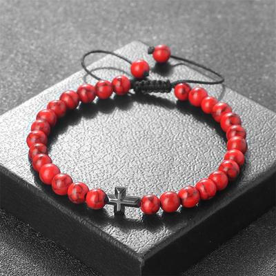 6mm Natural Stone Beads Bracelet Adjustable Waxed Rope Woven Bangle with Hematite Cross Pendant Charm Jewelry Gift for Women Men