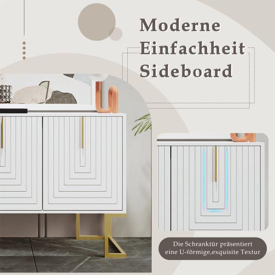 U-shaped Handle Metal Legs Kitchen Cabinet with 3 Doors Height-Adjustable Shelves Coffee Bar Storage Cabinet Dining Room Furniture, White