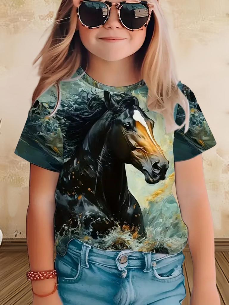 Children's Clothing Girl Clothes Short Sleeve Boys T-Shirt Casual Vintage Horse Print Kids Summer Clothes Girl Tops O-Neck Tee