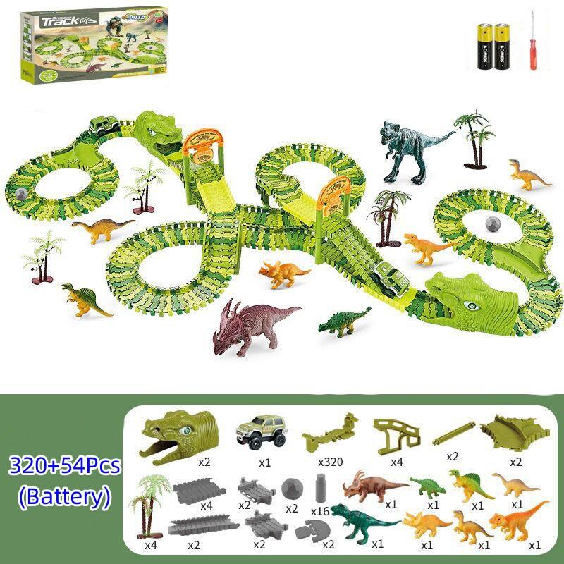 Dinosaur Race Track Set Rail Car Toys Assembly Bend Flex Racing Track Led Electronic Flash Light Car Toys for Children Years Gift