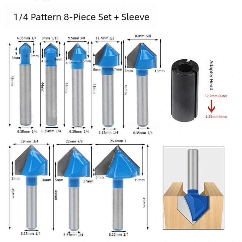 Pack of 8 Professional Carbides Router Bit Set for Precise 90 Degree V Grooves Chamfering in Woodworking on Plywood