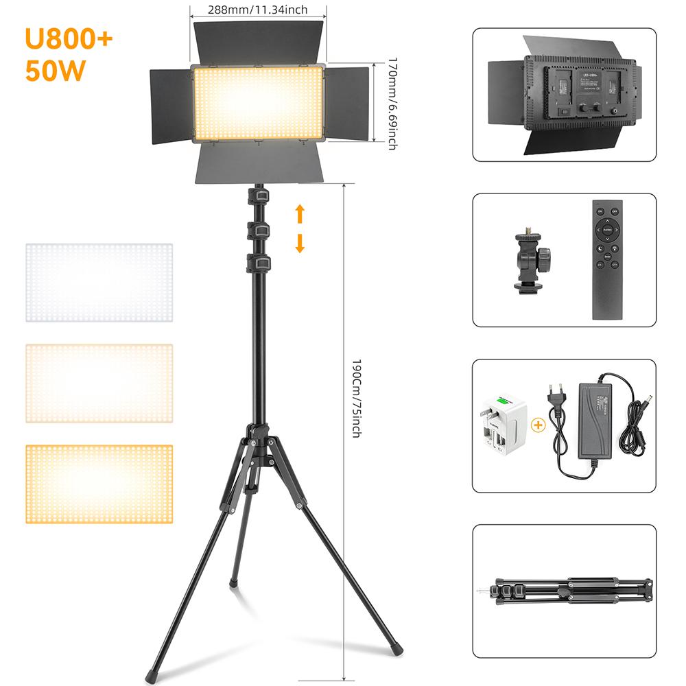 U800 600 LED Video Panel Light Kit Camera Light Studio Photography Lamp Dimmable 3200-5600K for Gaming Stream Conference Makeup