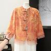 New Chinese Style Printed Stand Collar Shirt for Middle-aged Women