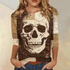 Women Casual Three Quarter Sleeve Halloween Skull Print Round Neck Top Lightweight Comfortable Fit Blouse for Everyday Wear