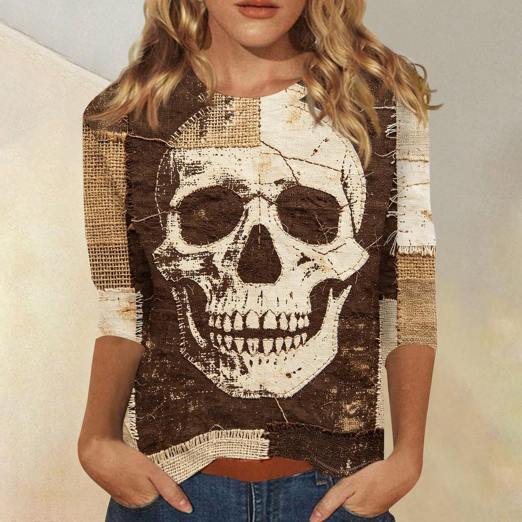 Women Casual Three Quarter Sleeve Halloween Skull Print Round Neck Top Lightweight Comfortable Fit Blouse for Everyday Wear