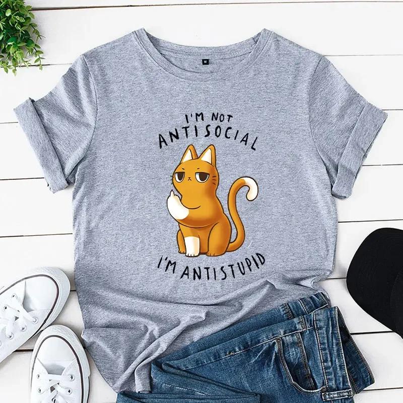Lässige T-Shirts Damen Ich bin nicht asozial Ich bin antidumm Ästhetischer Trend Sommer Damenkleidung T-Shirt Oberteile Unisex Katze Cartoon T-Shirt