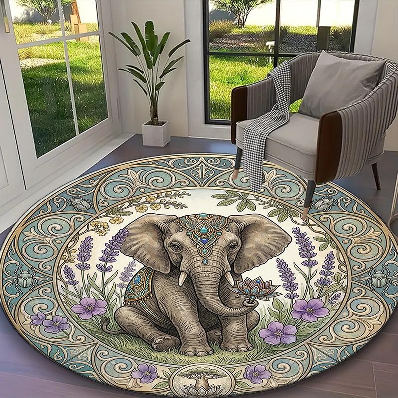 1pc Cute Pink Elephants Gray Elephant Rug, Comfortable Printed Home Round Carpet, Cozy Office Chair Rug
