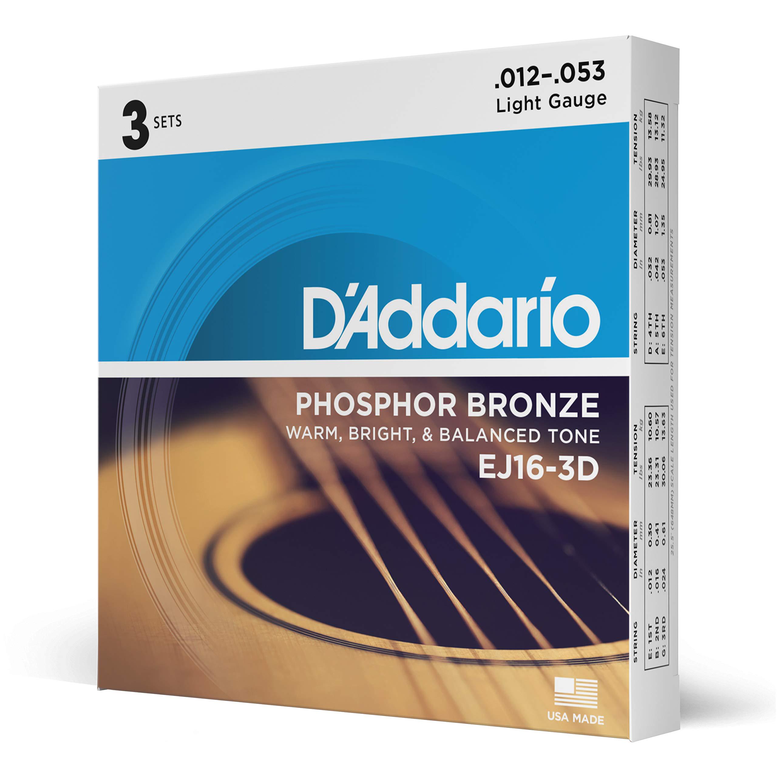 D Addario Phosphor Bronze Light Acoustic Guitar Strings, .012-.053, EJ16-3D, 3-Pack [Official Japanese Product]