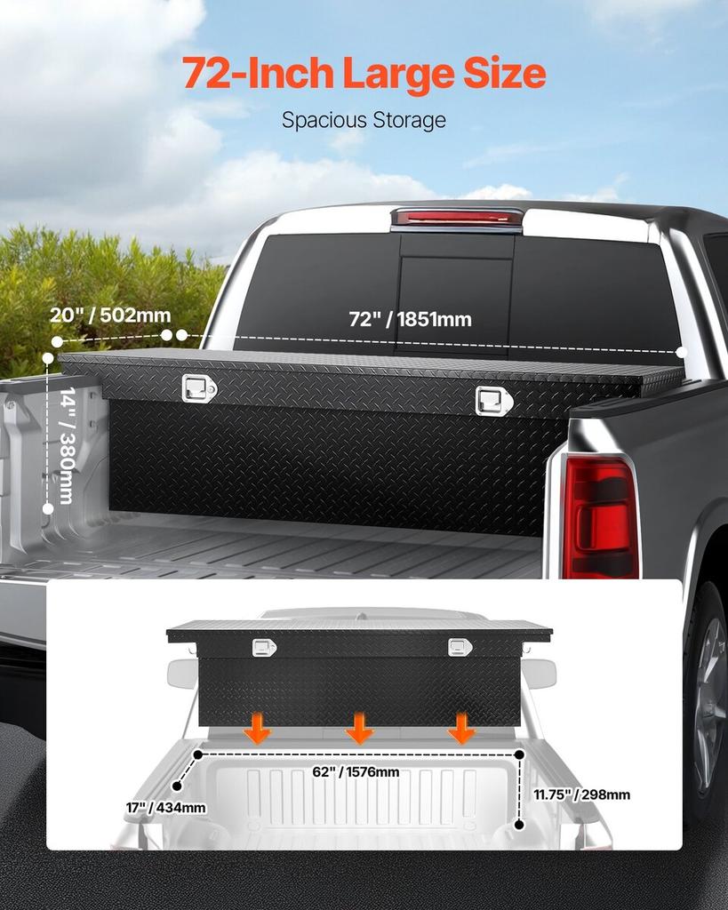 Crossover Truck Tool Box, 72x20x14 In, Heavy Duty Aluminum Toolbox with Diamond Texture, Pick Up Truck Bed RV Trailer Toolbox, Waterproof Storage
