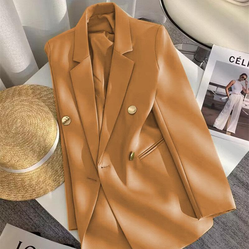 Women Long Sleeve Blazer Jacket Lapel Double Breasted Gold Button Loose Fit Office Casual Suit Outerwear Coat