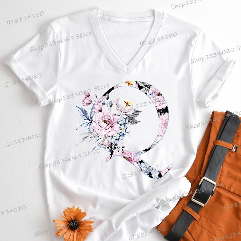 Watercolor Letter C Print Women Vneck Tshirts 26 Initials Flower Retro Classic Tops Alphabet Floral Womens Birthday Gift Tees