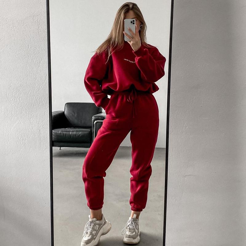 

Весенний модный комплект свитшотов с принтом, однотонный комплект из двух предметов с длинным рукавом и высоким воротом, длинными рукавами L вино красного