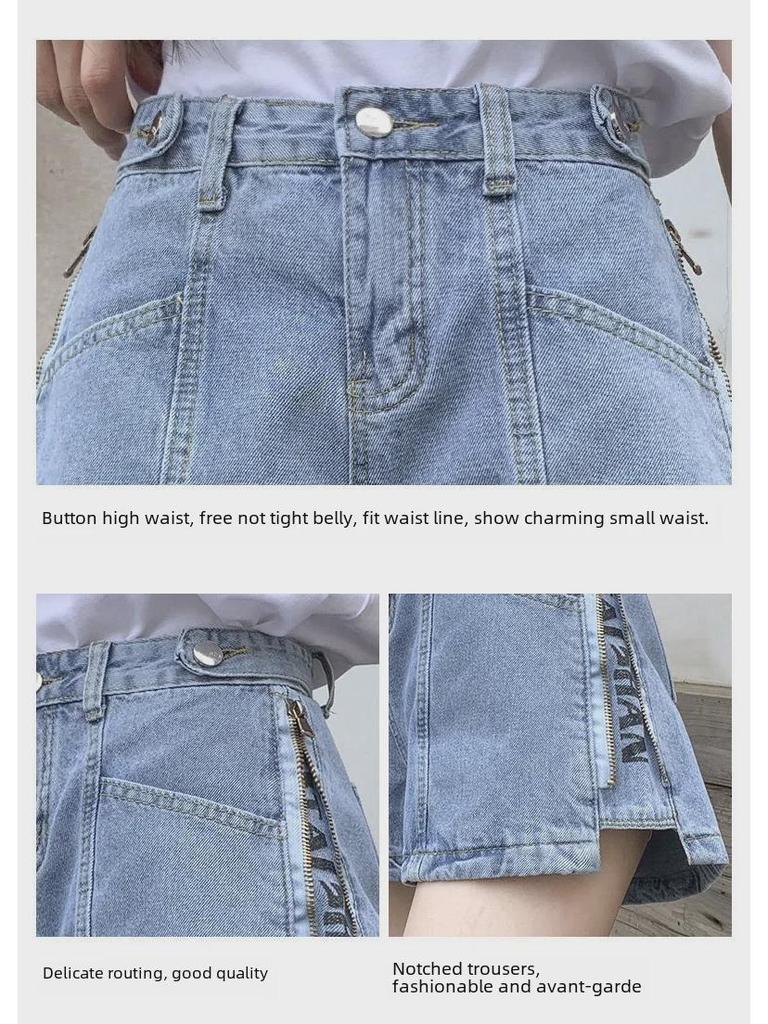 Summer 2021 High-Waist Korean Style Women's Denim Shorts with Side Zipper and Letter Design - Slim, Wide-Leg Hot Pants Trend.