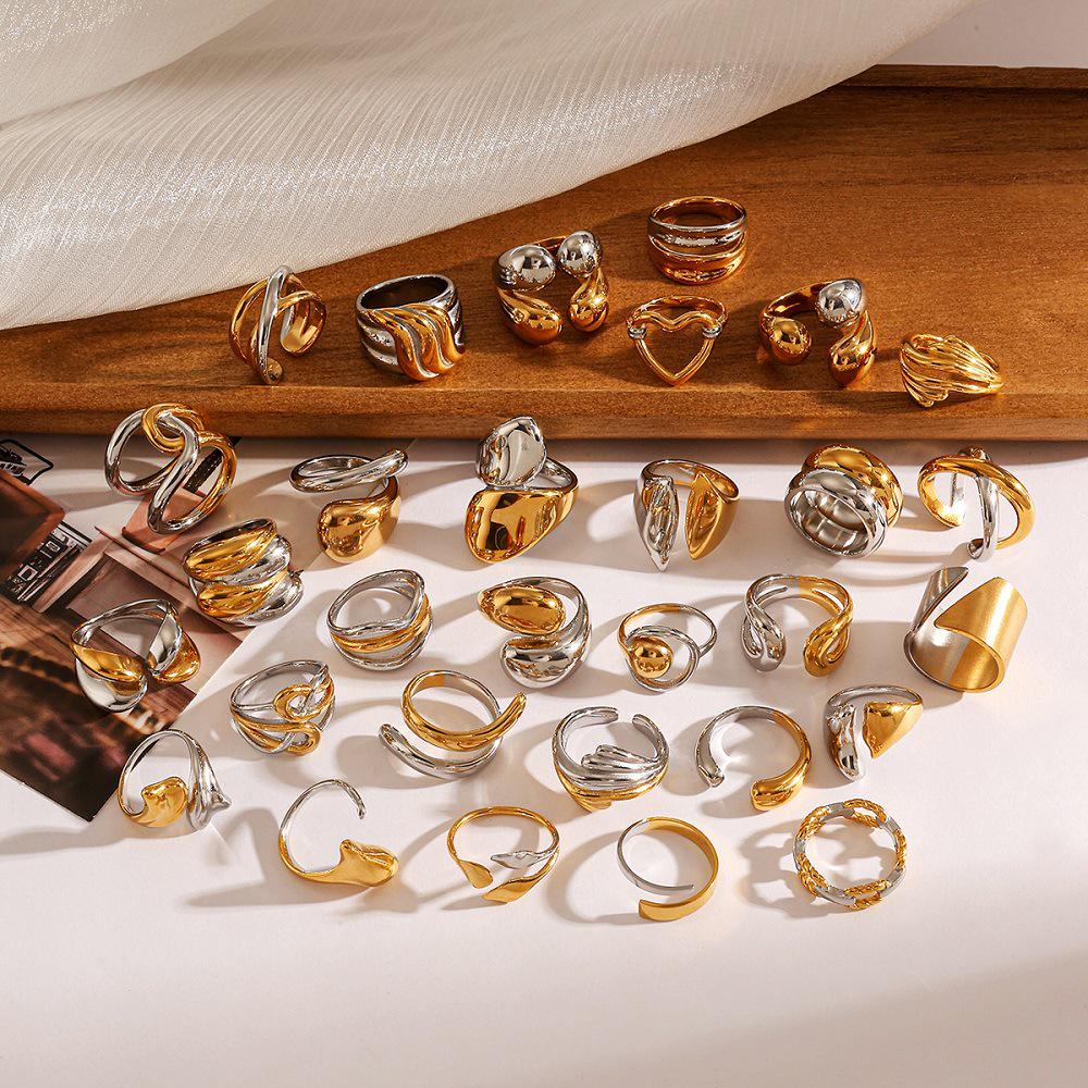 Yingtai Round Geometric Stainless Steel Titanium Ring, 18k Gold-Plated - Trendy Niche Women's Jewelry