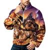 Men's Halloween Print Flannel Zip-Up Sweatshirt with Stand Collar, Plus Size Fall Winter Casual Top