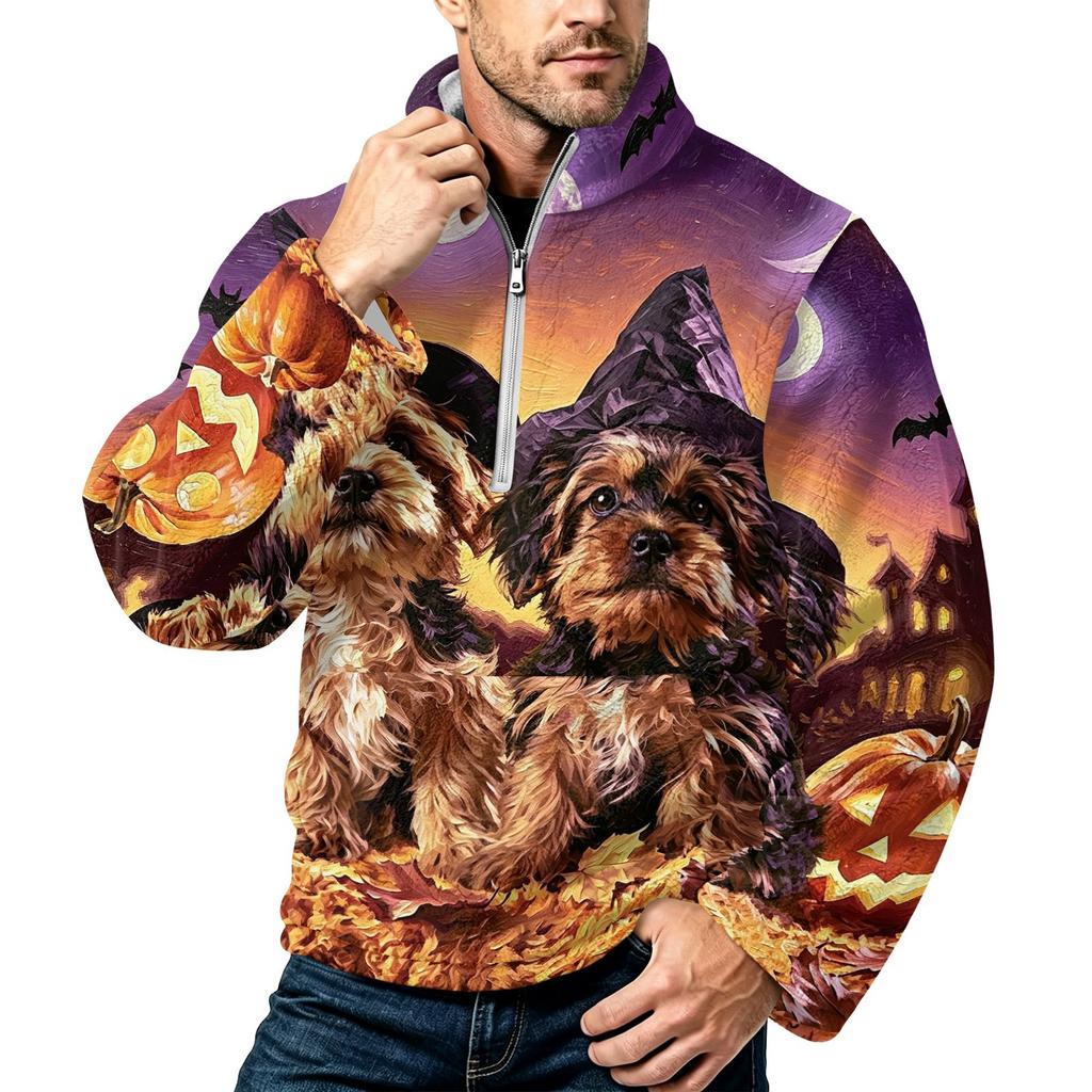 Men's Halloween Print Flannel Zip-Up Sweatshirt with Stand Collar, Plus Size Fall Winter Casual Top