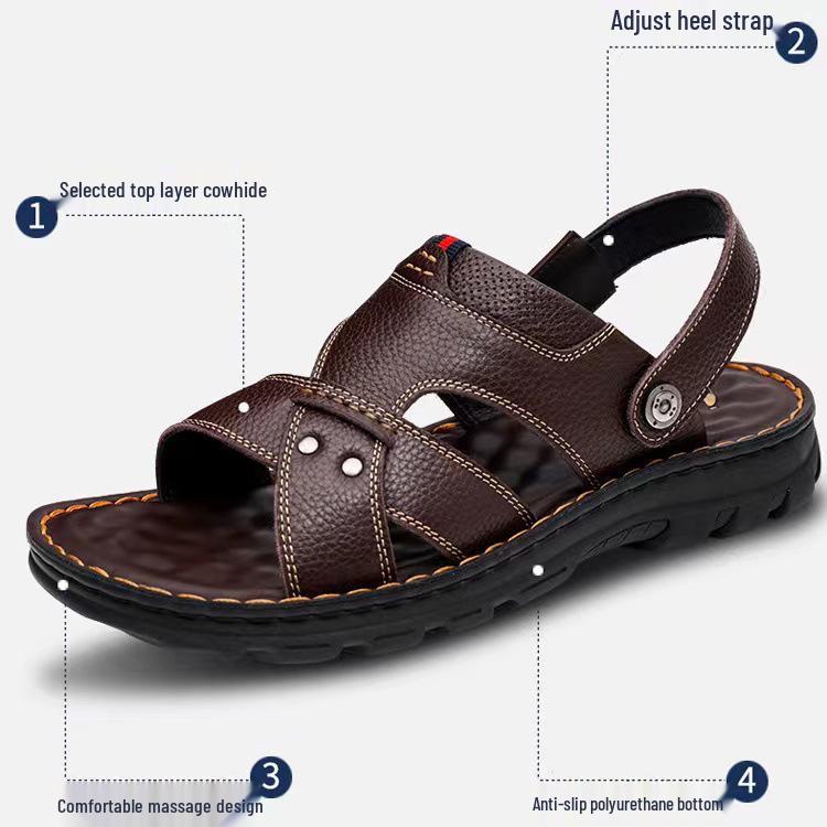 Men's Genuine Leather Casual Sandals - Versatile, Non-Slip, Perforated with Thick Sole for Outdoor & Beach Use