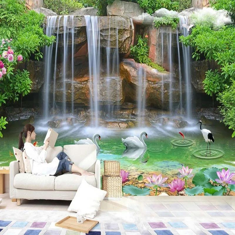 Photo Mural Landscape Waterfall Mountain Flower 3d Stereo Wallpapers Wall Mural Living Room Bedroom Home Decor
