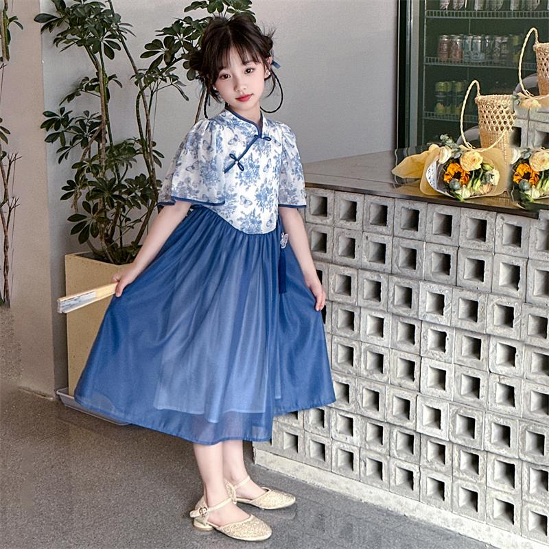 Girls' cheongsam dress 2026 new summer children's Chinese style blue and white porcelain Hanfu ancient style summer princess dress