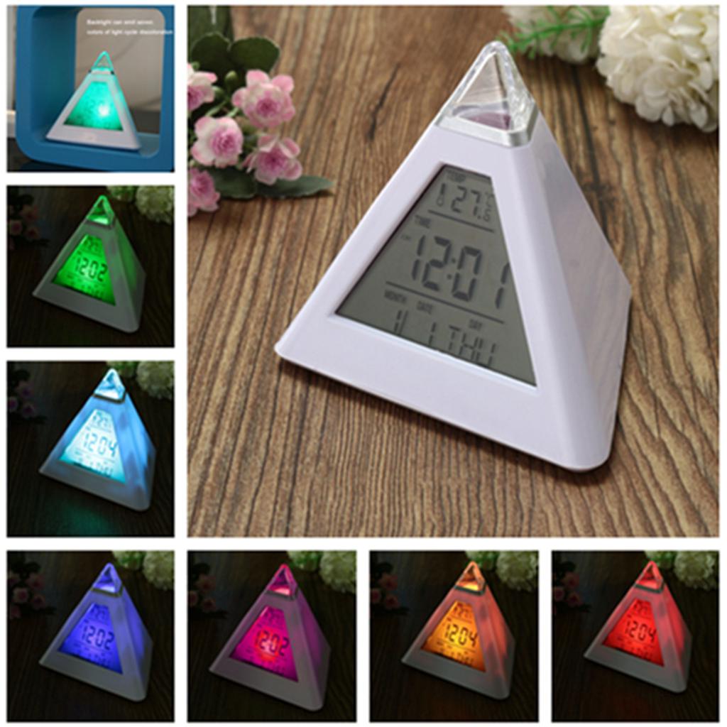 7 Colors Colorful Pyramid LCD Alarm Clock Night Light Thermometer Digital Wall Clock Calendar Timer Digital Led Alarm Clocks