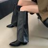 Eilyken Designer Vintage Fold Pointed Toe Women Knee-High Boots Square Low Heels Shoes Fashion Modern Long Booties