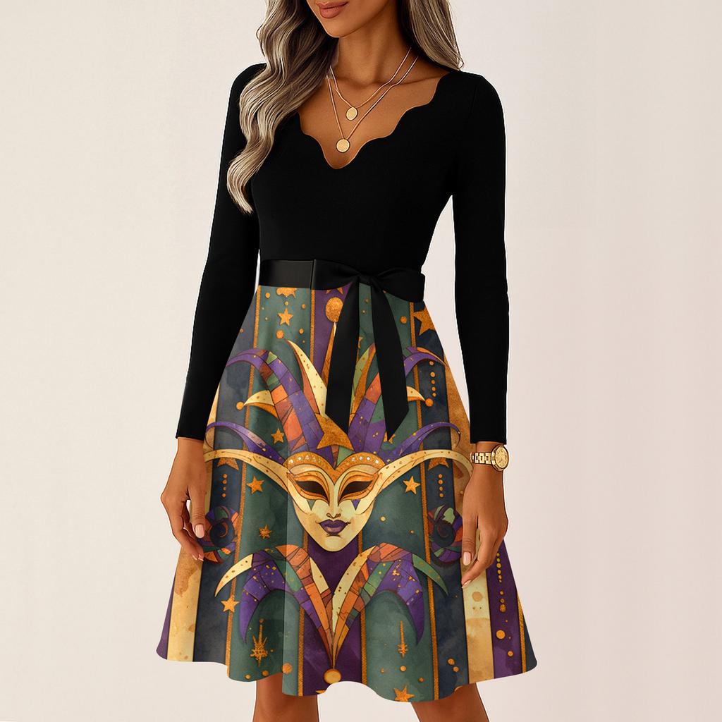 Dámské ležérní módní šaty s výstřihem do V, dlouhým rukávem, s potiskem, vintage, dlouhé