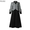 ZANZEA Women Muslim Casual Round Neck Long Sleeve Plaid Print Patchwork Loose Long Dress