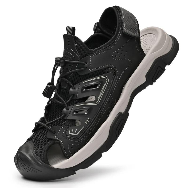 

Fashion Summer Men Flat Designer Outdoor Shoes High Quality Comfy Casual Leather Sandals Antiskid Lightweight Beach Shoes Plus Size38-46 38 чёрный