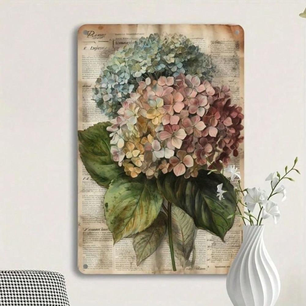 Vintage Hydrangea 3D Metal Wall Poster, Rustic Farmhouse Decor for Living Room