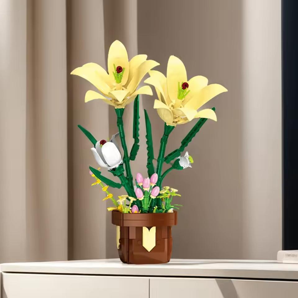 Flower Bouquet Lily Potted Plant Building Blocks Decor Bricks Set Toys For Children Kids Gift