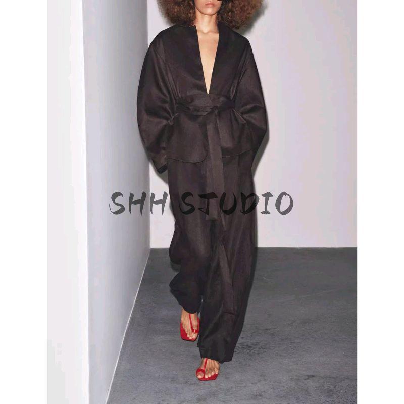 With Belt Round Neck Kimono Coat 8426329 Linen Blended Balloon Mid Waist Pants 7627242