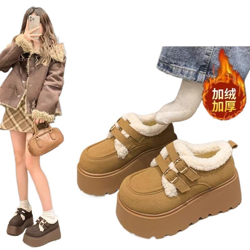 Snow Boots Women's Thick-soled Heightening Velvet Warm Small Leather Shoes Women's 2025 Autumn and Winter New Versatile One-pedal Cotton Shoes