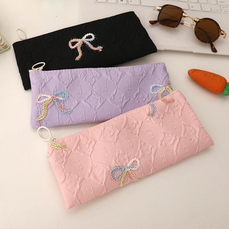 Polyester Bow Pencil Case With Large Capacity For Students And Girls