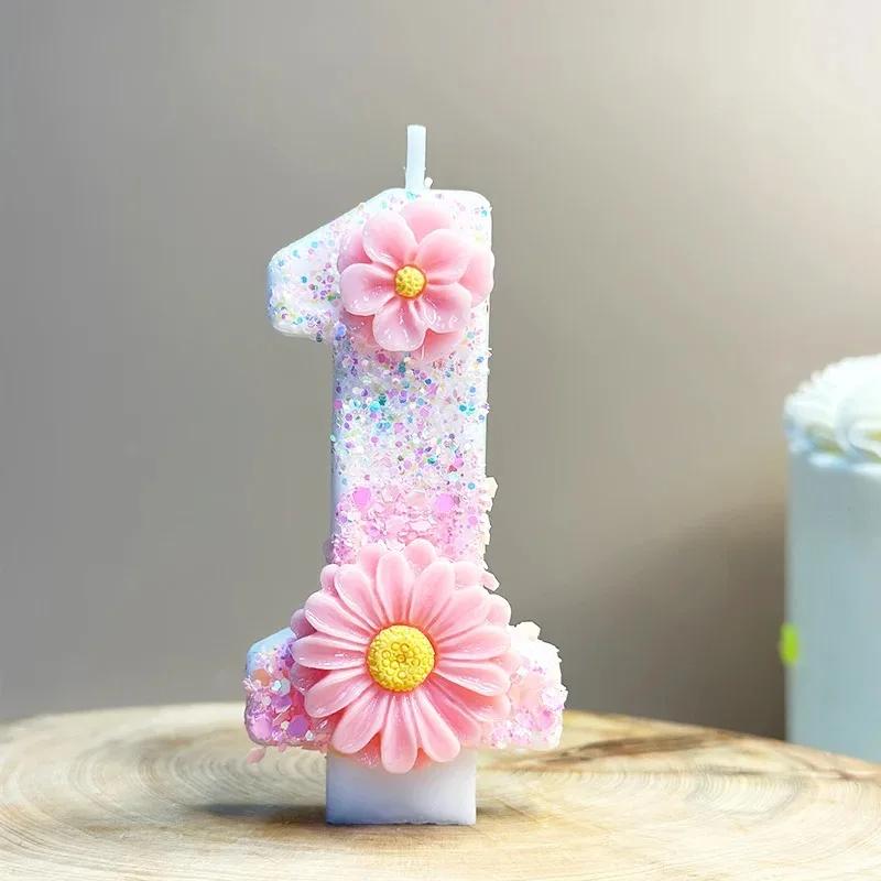 

Pink Daisy White Changing 0-9 Digital Candles Birthday Candle Cake Topper Creative Girl Birthday Party Decoration
