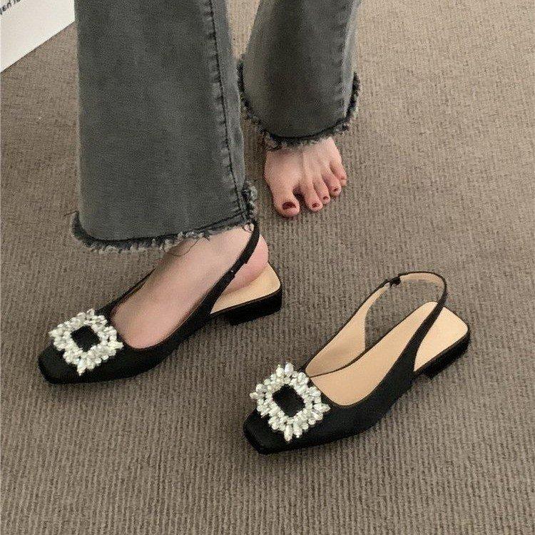 High Heel Sandals Thick Heeled Women's 2024 Summer New Square Button Rhinestone Fairy Style French Square Toe Single Shoes