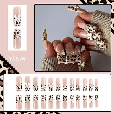 24x Unghia Press-On con Punta Francese Fiocchi 3D Copertura Completa Unghia Falsa Lunga Quadrata Adesiva Unghia Stampa Leopardo Unghia Acrilica