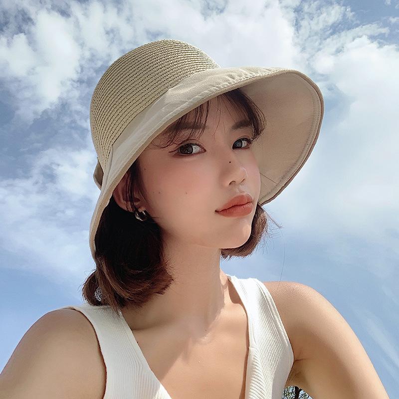 Bow big brim sun hat children versatile travel splicing straw hat summer sunscreen bucket hat folding tide