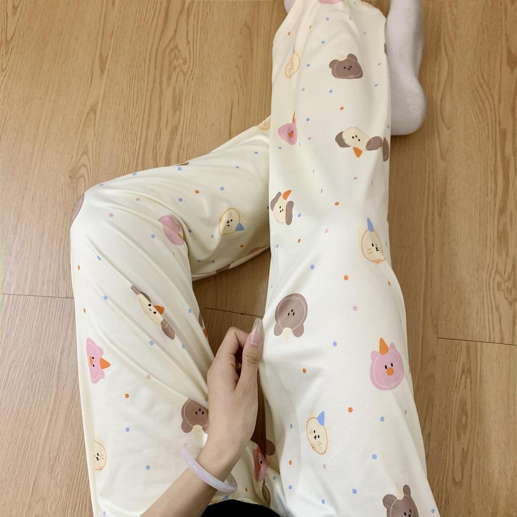 Cartoon Polka Dot Brown Dog Pajama Pants for Women - Loose, Casual, Spring/Autumn/Winter, Wearable Outside, Long Stroll Pants