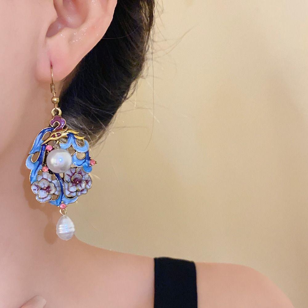 Exquisite Vintage Earrings Flower Chinese Style Earrings Retro Cloisonne Drop Earrings  Hanfu